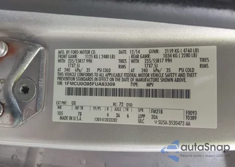 2015 Ford Escape Se из США, поврежденный, VIN 1FMCU0G95FUA93309